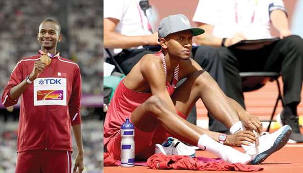 THE CHAMP:  Mutaz Barshim, the World Champion, with his Gold Medal at the IAAF World Championships in London. RIGHT: ALL SET:  Barshim during Menu2019s High Jump qualification during day eight of the 16th IAAF World Athletics Championships London 2017.