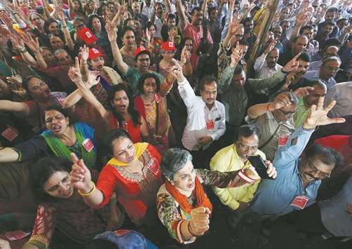 Bank employees shout slogans during a protest rally in Mumbai yesterday.