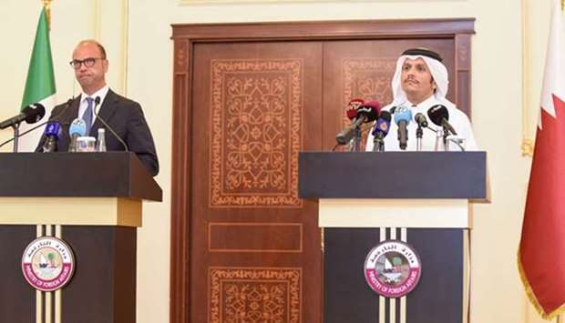 HE the Foreign Minister Sheikh Mohamed bin Abdulrahman al-Thani and Italian Foreign Minister Angelino Alfano attend a joint news conference in Doha on Wednesday.
