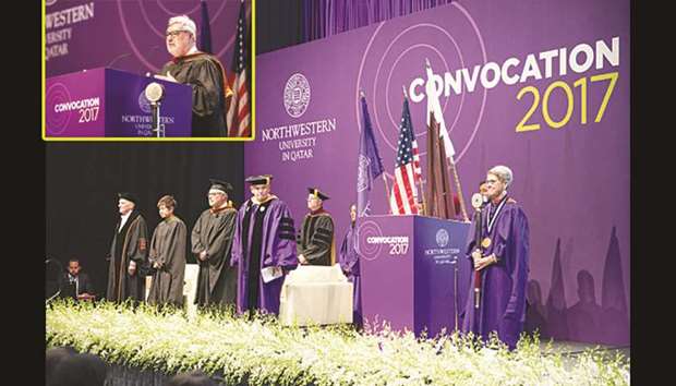A view of the dais at the convocation ceremony. Inset: NU-Q advisory board member Rami Khouri.