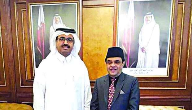 HE Dr Mohamed bin Saleh al-Sada with Nepalu2019s ambassador Prof Ramesh Prasad Koirala.