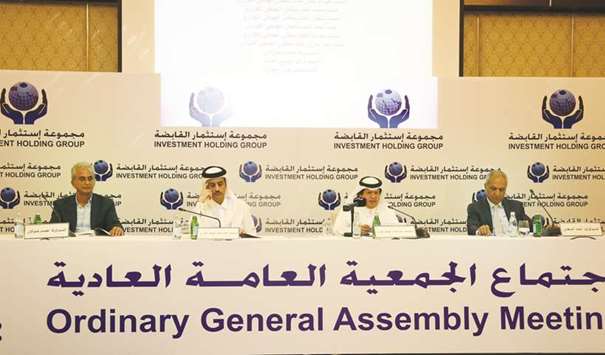 IHG deputy CEO Mohamed Ghanim al-Hodaifi presides over the companyu2019s ordinary general assembly meeting in Doha yesterday. PICTURE: Anas al-Samaraee