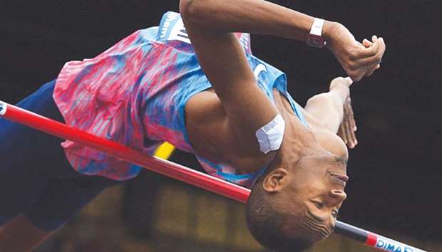 Mutaz Barshim in action on way to the gold medal at the Birmingham Diamond League meeting earlier this week.