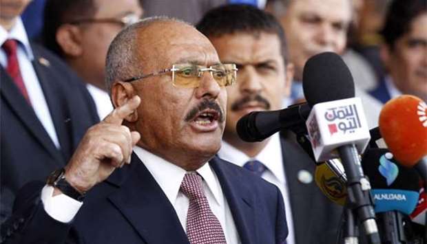 Yemen's ex-president Ali Abdullah Saleh addresses his supporters during a rally at Sabaeen Square in Sanaa on Thursday.