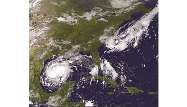Tropical Storm Harvey is seen approaching the Texas Gulf Coast in this satellite image.