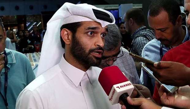 Hassan al-Thawadi, the Secretary General of the Supreme Committee for Delivery & Legacy, speaking to reporters at the Hamad International Airport on Thursday.