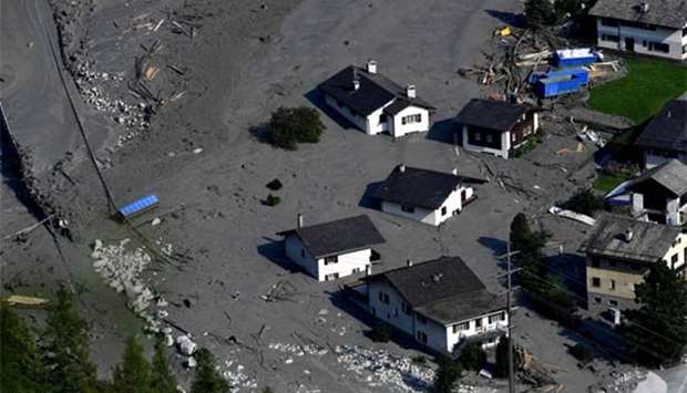  An aerial view shows the Swiss village of Bondo after another landslide on Friday. 