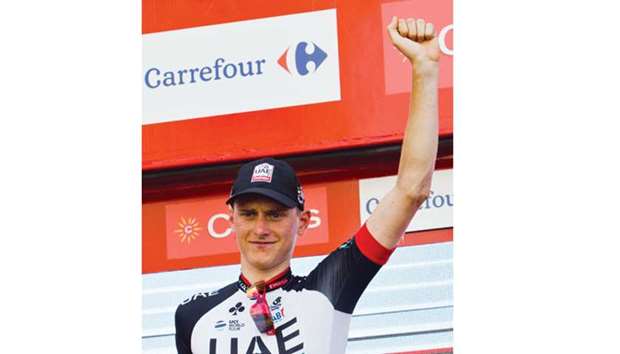 Slovenian cyclist Matej Mohoric celebrates on the podium after winning Stage 7 of Vuelta a Espana in Cuenca, Spain, yesterday. (AFP)