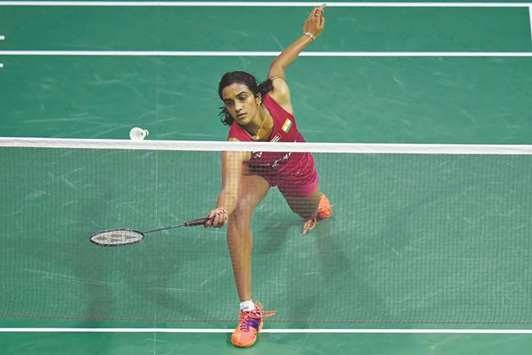 Indiau2019s PV Sindhu Pusarla in action against Chinau2019s Sun Yu during their quarter-final match at the BWF Badminton World Championships in Glasgow yesterday. (AFP)