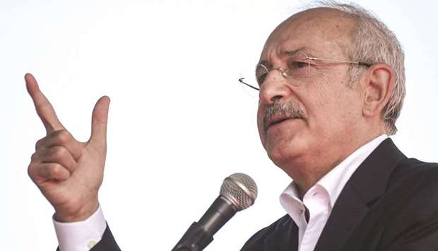 Kilicdaroglu gestures as he delivers a speech during the u2018Justice Congressu2019 in  Canakkale.