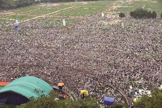 People in large numbers participate in the rally at Gandhi Maidan in Patna yesterday.