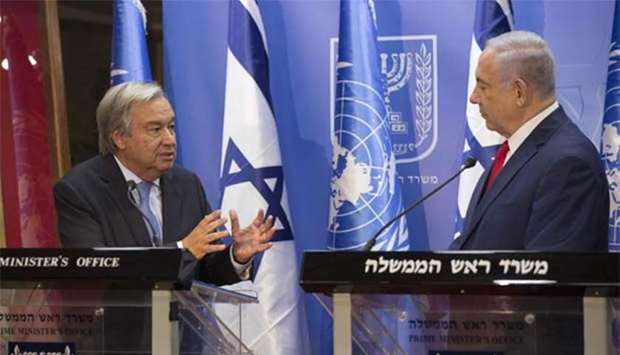 Israeli Prime Minister Benjamin Netanyahu and UN Secretary General Antonio Guterres hold a press conference in Jerusalem on Monday.