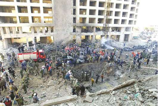 A February 14, 2005, file photo of the site of the explosion in Beirut in which Lebanonu2019s former prime minister Rafiq Hariri was killed.