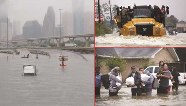 Interstate highway 45 in Houston, Texas. TOP RIGHT: People catch a ride on a construction vehicle down a flooded street as they evacuate their homes. BELOW RIGHT: People evacuate their homes in Houston, Texas.