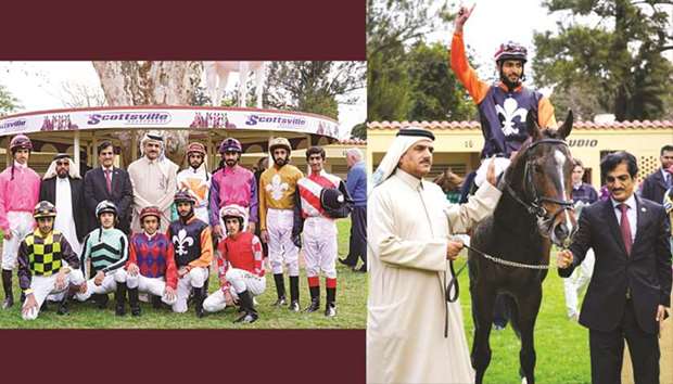 Eleven Qatari jockeys, aged between 15 and 22 years old, are participating in the training course in the South African Jockey Academy in KwaZulu-Natal.  RIGHT: Qatari jockey Abdulla Saleh al-Yaefei (centre) celebrates his win on Tropicalu2019s Son in Al Rayyan Cup in Scottsville, South Africa, on Sunday.