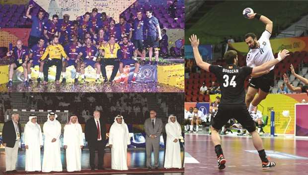 TOP RIGHT: Barcelona players celebrate their IHF Super Globe title win on the the podium yesterday. BELOW RIGHT: Officials, including Qatar Olympic Committee secretary general Dr Thani al-Kuwari and Qatar Handball Association president Ahmed Mohamed al-Shaabi, at the presentation ceremony after the Super Globe final yesterday. RIGHT: Al Saddu2019s Hadi Hazem Hamdoon (right) in action against HC Vardar during their IHF Super Globe bronze medal match yesterday. PICTURES: Noushad Thekkayil