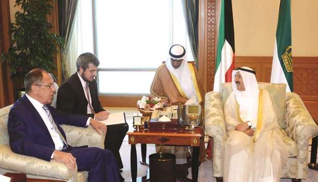 Kuwaiti Emir Sheikh Sabah al-Ahmad al-Jaber al-Sabah meeting with the Russian Foreign Minister Sergey Lavrov in Kuwait City.