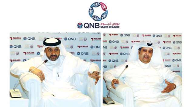 QNB Stars League CEO Hani Ballan and QNBu2019s deputy public relations director Salem al-Nuaimi (right) speak to journalists at the press conference on Monday.