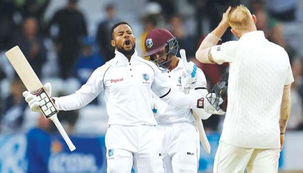 West Indiesu2019 Shai Hope celebrates guiding his team to victory against England in the second Test at Headingley yesterday.