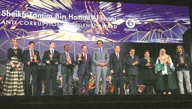 His Highness the Emir Sheikh Tamim bin Hamad al-Thani and Ban Ki-moon with the winners of the inaugural Sheikh Tamim bin Hamad Al-Thani International Anti-Corruption Excellence Awards in Vienna last year.