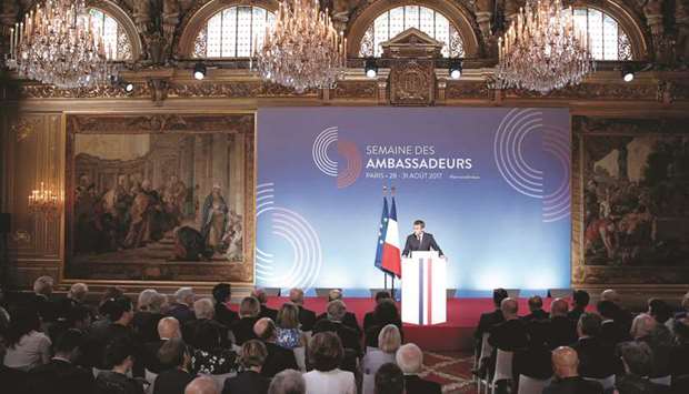 Macron addressing French ambassadors at the Elysee Palace in Paris.