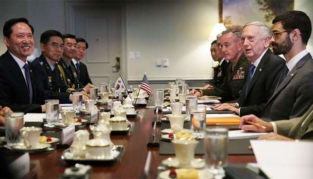 U.S. Secretary of Defense Jim Mattis (2nd R) and South Korean Defense Minister Song Young-Moo (L) during a bilateral meeting at the Pentagon