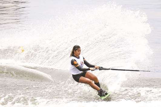 Malaysiau2019s Aaliyah Yoong Hanifah competes in the ladiesu2019 open waterski tricks event at the Southeast Asian Games (SEA Games) in Putra Jaya, Malaysia, on Saturday. (AFP)
