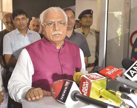 Haryana Chief Minister Manohar Lal Khattar addresses a press conference after meeting BJP president Amit Shah in New Delhi yesterday.