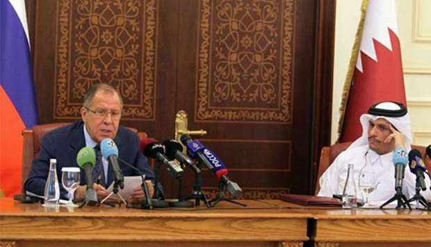 HE the Foreign Minister Sheikh Mohamed bin Abdulrahman al-Thani and Russia's Foreign Minister Sergey Lavrov attend a joint news conference in Doha on Wednesday.