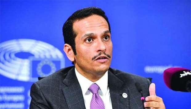 HE the Foreign Minister Sheikh Mohamed bin Abdulrahman al-Thani addresses a press conference at the European Parliament in Brussels on Thursday.