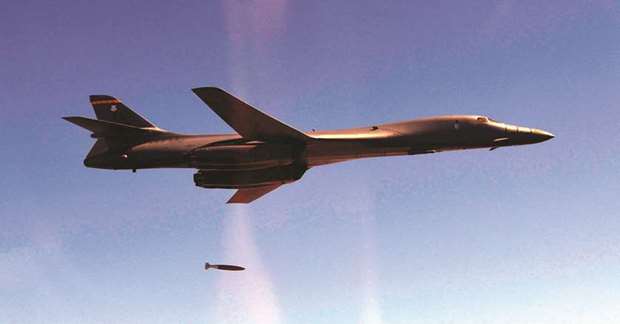 US Air Force B-1B drops MK-84 as it flies over South Korea during a joint military drill with South Korean Air Force.