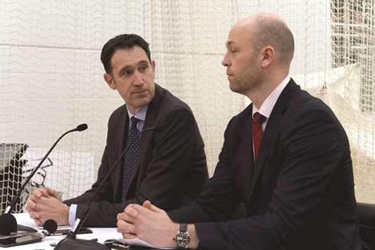 Cricket Australia CEO James Sutherland (L) and Australian Cricketersu2019 Association CEO Alistair Nicholson attend a press conference in Melbourne yesterday.