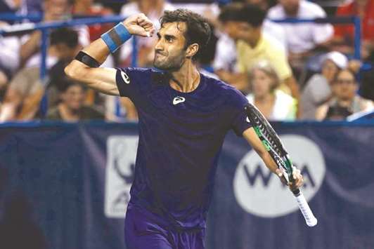 Yuki Bhambri of India celebrates after beating Gael Monfils of France (not pictured) on day three of the Citi Open in Washington DC on Wednesday. (USA TODAY Sports)