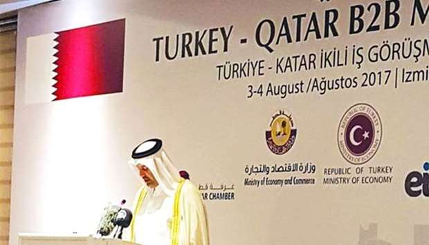 HE the Minister of Economy and Commerce Sheikh Ahmed bin Jassim bin Mohamed al-Thani addresses the ,B2B meeting, at the Turkish city of Izmir on Thursday.