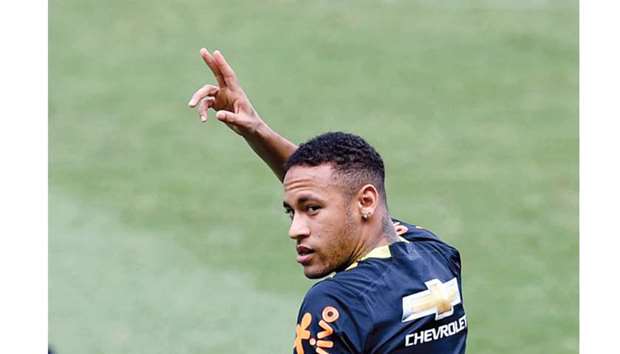 This file photo shows Brazilu2019s national team player Neymar gesturing during a training session.
