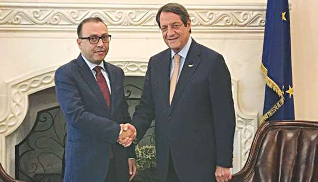 Al-Mahmoud with the president of Cyprus in Nicosia yesterday.