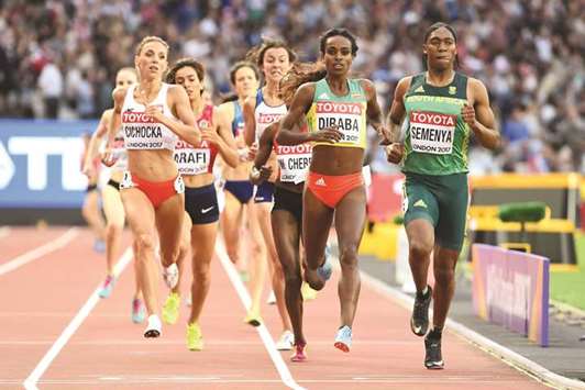Ethiopiau2019s Genzebe Dibaba (second from right) and South Africau2019s Caster Semenya (right) in action during the qualifying round of the womenu2019s 1500m event at the 2017 IAAF World Championships in London yesterday. (AFP)