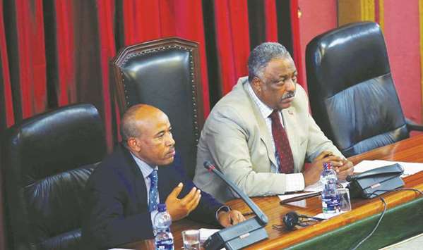 Fegessa and speaker of the House of Peoplesu2019 Representatives, Abadula Gemeda, address legislators during the meeting to lift the state of emergency.