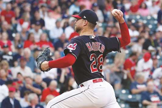 Cleveland Indians Corey Kluber throws a pitch against the New York Yankees during the first inning of their MLB game at Progressive Field in Cleveland, Ohio, on Thursday. (USA TODAY Sports)