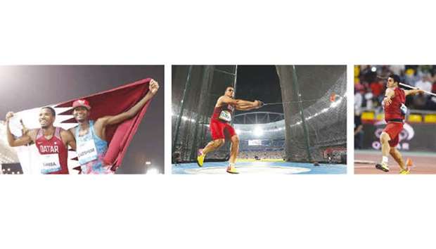 Pictures from left: High jumper Mutaz Barshim (right) with 400m hurdler Abderrahman Samba; Qataru2019s Ashraf Elseify finishes sixth in Rio 2016 hammer throw final and Ahmed Bader won silver at 2017 Asian Athletics Championships.