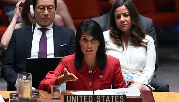 US Ambassador to the United Nations Nikki Haley speaks during a Security Council meeting on North Korea at the UN headquarters in New York. File photo: July 5, 2017