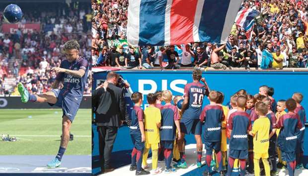 Paris Saint-Germainu2019s Brazilian forward Neymar during his presentation to the fans at the Parc des Princes stadium in Paris yesterday.