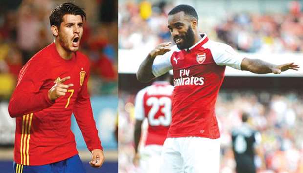 File picture of Spain and Chelsea striker Alvaro Morata (L) and Arsenal attacker Alexandre Lacazette. The duo will face each other in todayu2019s Community Shield match.