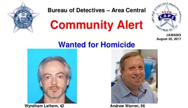 A wanted poster distributed by the Chicago Police Department shows suspects Wyndham Lathem, 42, an associate professor of microbiology and immunology, and Andrew Warren, 56, a financial employee at Britain's Oxford University, in this image released in Chicago, Illinois, August 3, 2017.