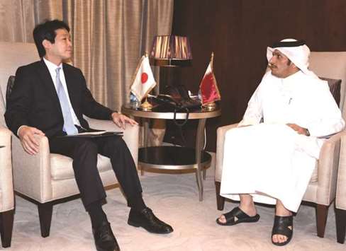 HE the Minister of Foreign Affairs Sheikh Mohamed bin Abdulrahman al-Thani holding talks with the Special Adviser to the Prime Minister of Japan Kentaro Sonoura in Doha yesterday.