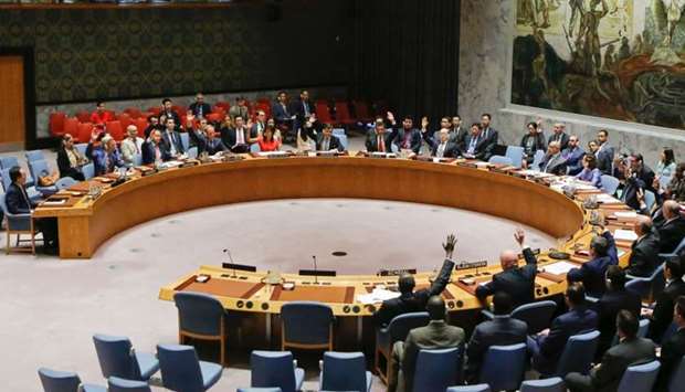 UN Security Council members vote on a US-drafted resolution toughening sanctions on North Korea, at the United Nations Headquarters in New York, yesterday.