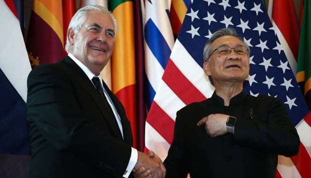 US Secretary of State Rex Tillerson shakes hands with Thailand's Foreign Minister Don Pramudwinai at the Ministry of Foreign Affairs in Bangkok, Thailand