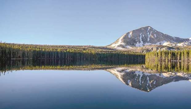 Lake Davis and surrounding mountains on a morning without wind.