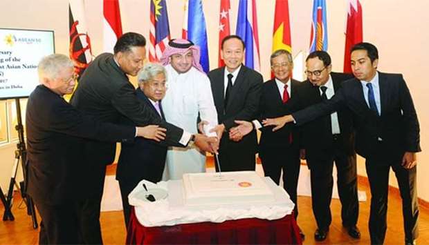 Asean ambassadors and Qataru2019s Ministry of Foreign Affairsu2019 Chief of Protocol Ibrahim Yousif Abdullah Fakhro cut the cake at the 50th founding anniversary celebration of Asean in Doha on Tuesday. PICTURE: Shemeer Rasheed