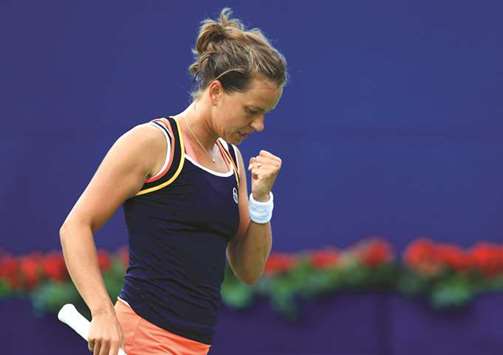 Barbora Strycova of Czech Republic celebrates winning a point against Kristina Mladenovic of France at the Rogers Cup in Toronto on Monday. (AFP)